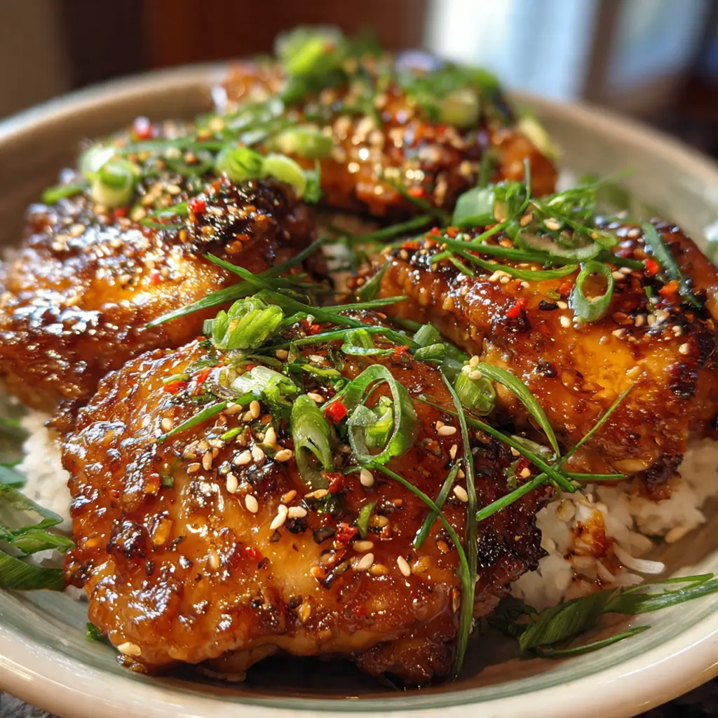 Crispy honey garlic chicken thighs glistening with sticky glaze in a cast iron skillet