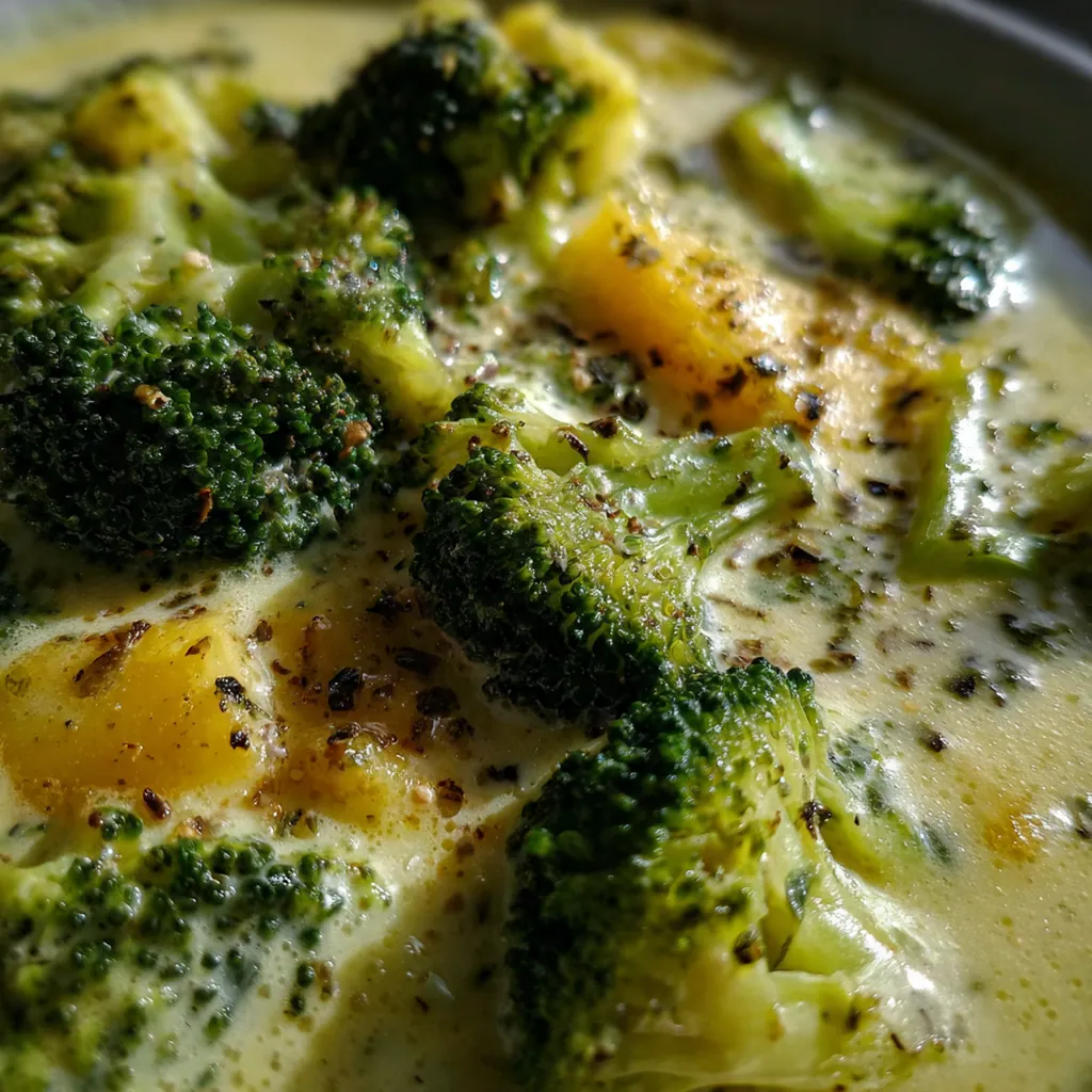 A creamy bowl of homemade broccoli cheddar soup with visible florets and a sprinkle of cheese