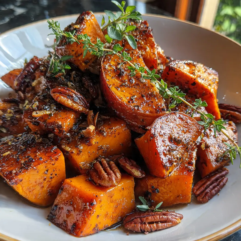 A baking sheet of glossy caramelized sweet potatoes with maple glaze, fresh thyme, and toasted pecans