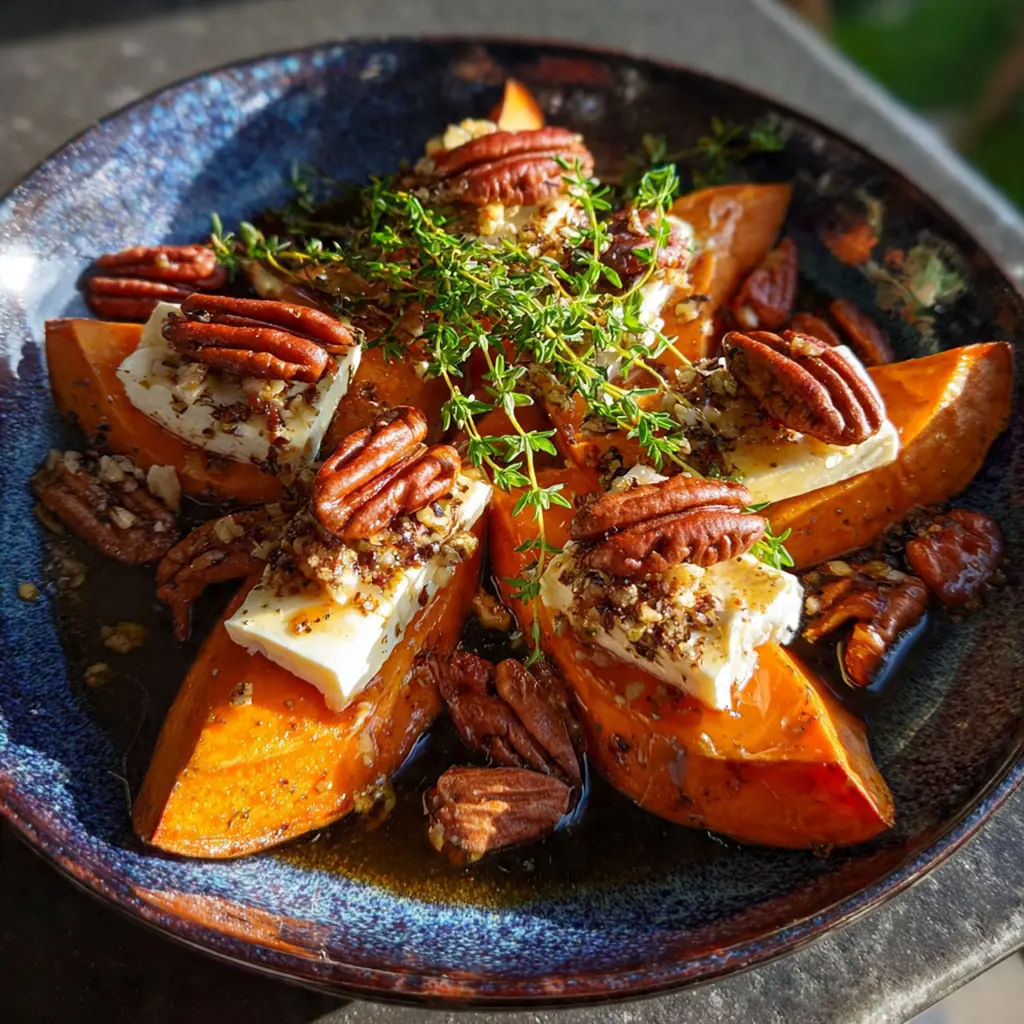A cast iron skillet filled with roasted sweet potatoes and melted Brie cheese drizzled with a glossy maple pecan glaze