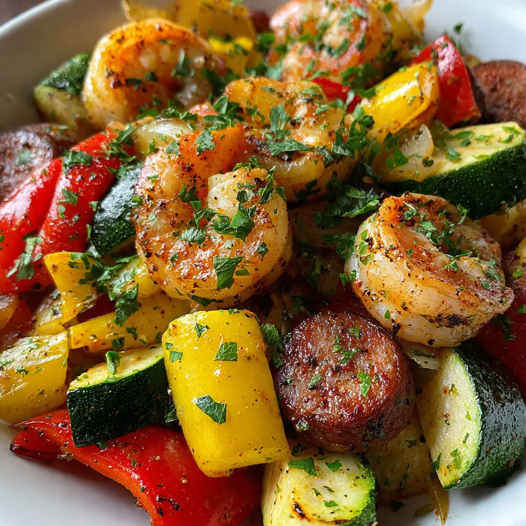 A vibrant shrimp and sausage veggie skillet simmering in a cast iron pan
