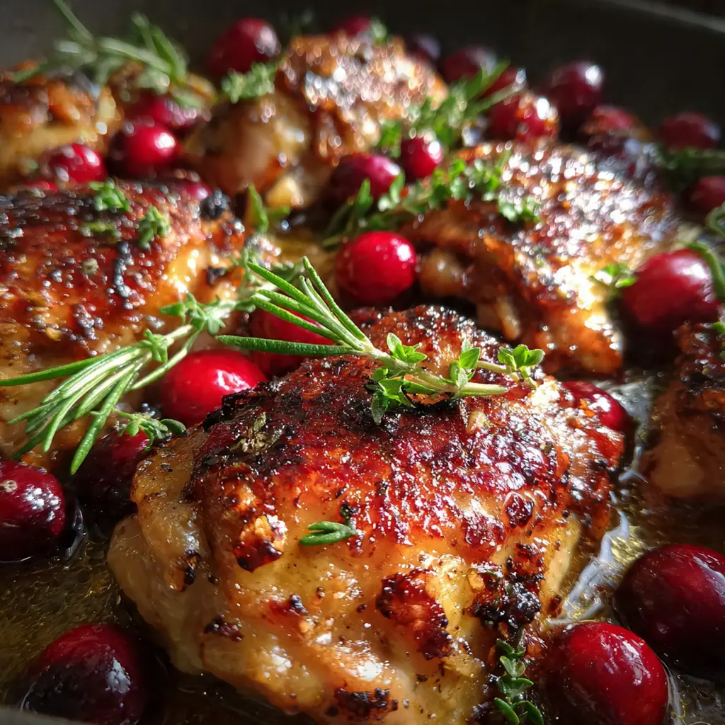 Honey cranberry chicken bake fresh from the oven in a skillet with a glossy, sticky sauce and burst cranberries