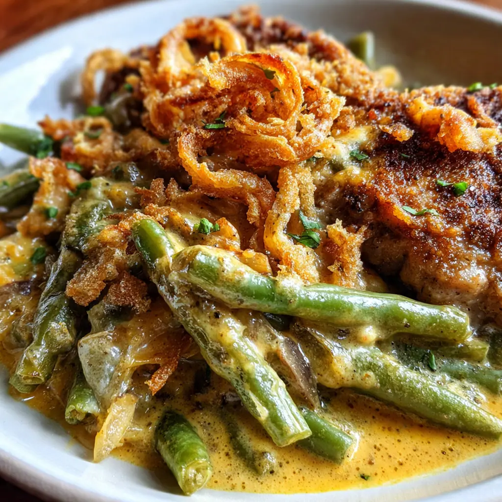 A bubbling pork chop green bean casserole fresh from the oven with golden fried onions and juicy seared pork chops.