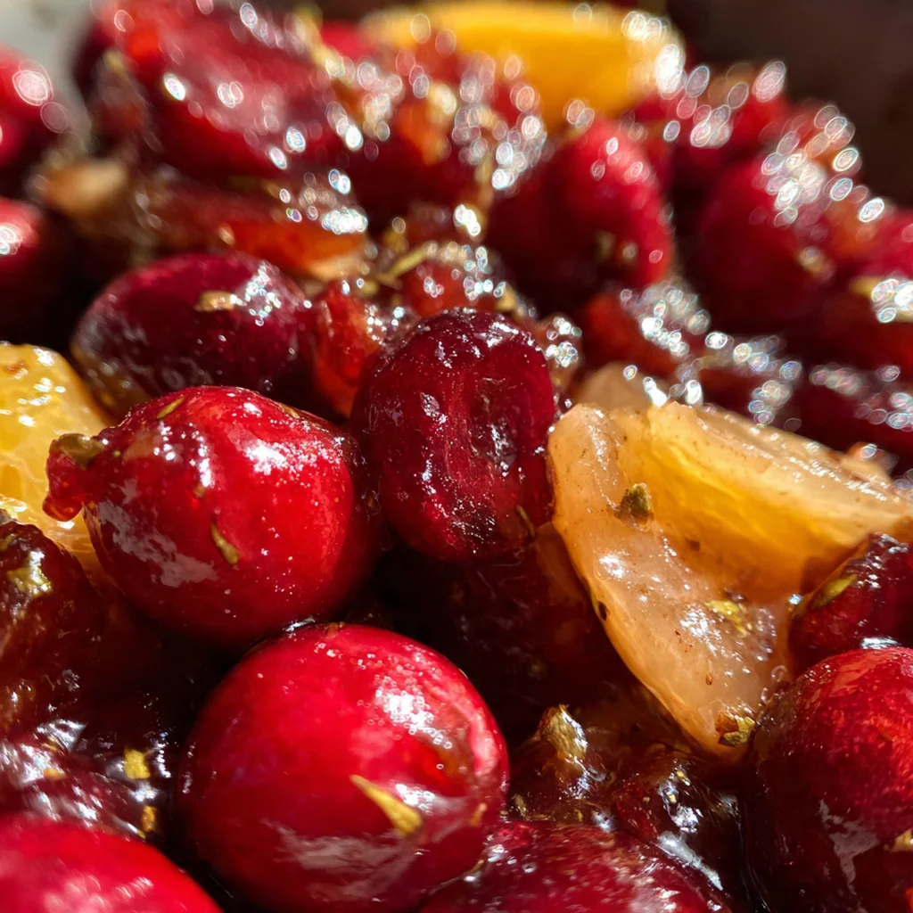Glowing jars of crimson cranberry sparkling holiday jam with rosemary sprigs and orange slices