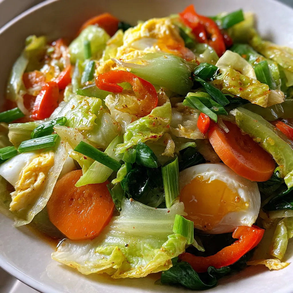 A vibrant wok filled with Chinese cabbage egg stirfry, glossy with savory sauce and dotted with fluffy yellow eggs.