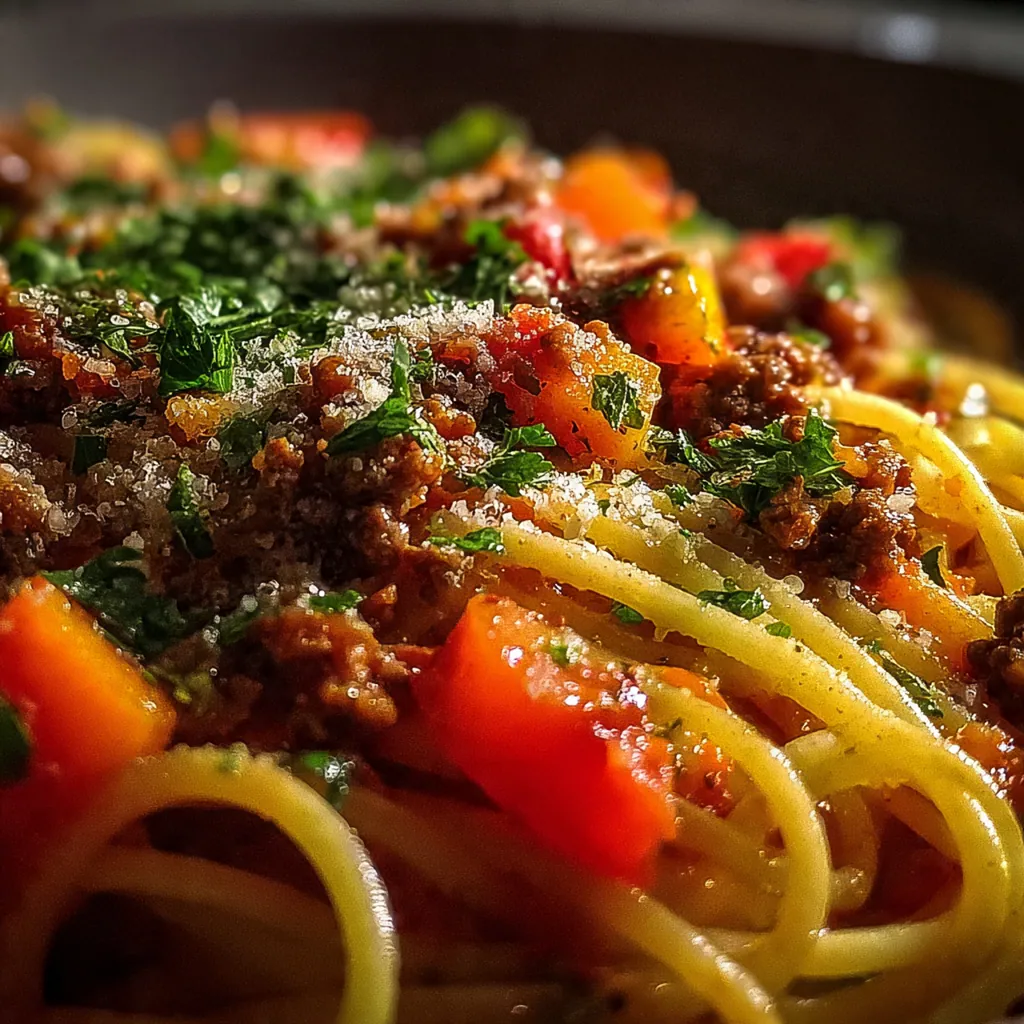 A close-up of a wooden spoon lifting rich, slow-simmered Spaghetti Bolognese sauce with visible pieces of meat