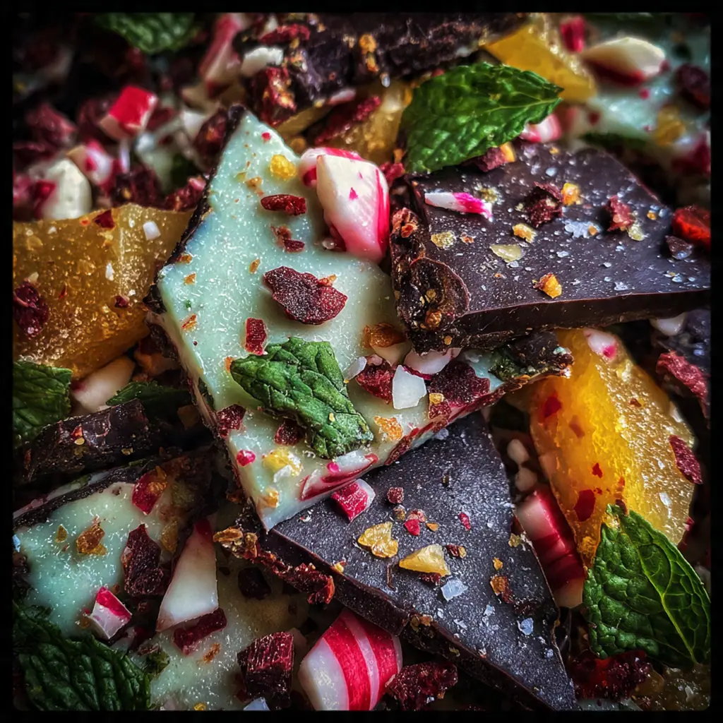 A sheet of glossy red and white swirled peppermint brittle covered in crushed candy pieces