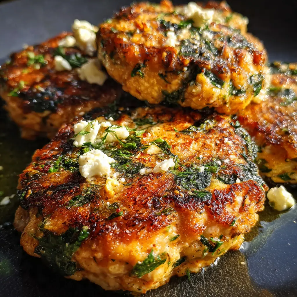 A close-up of golden brown salmon spinach patties fresh from the skillet with fresh dill and lemon wedges