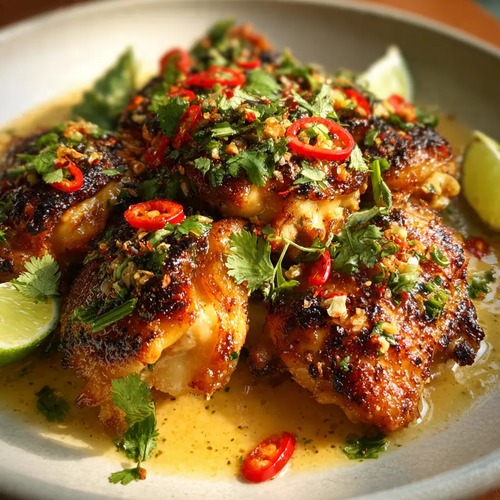 Juicy Grilled Thai Coconut Chicken thighs with charred edges and a sprinkle of fresh cilantro