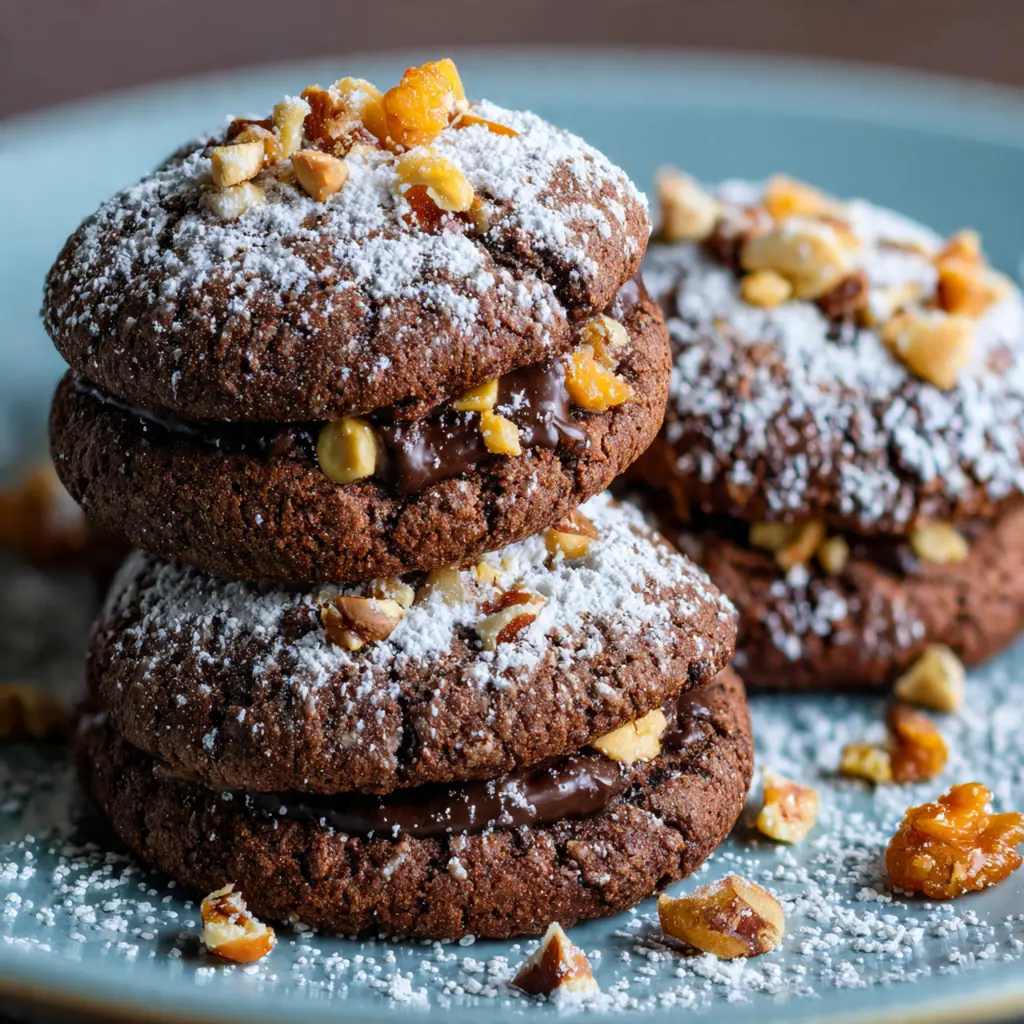 Stack of three brownie stuffed chocolate cookies showing the molten fudge center