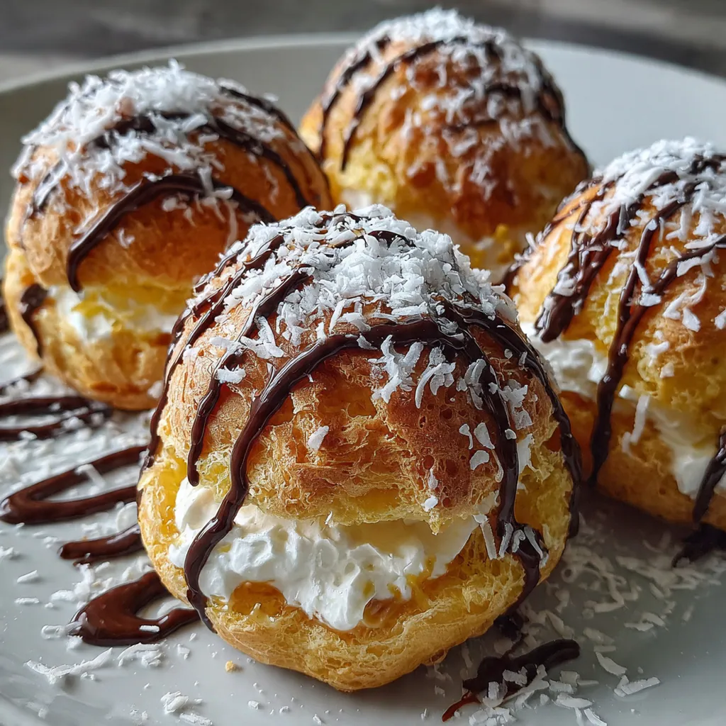 Golden brown coconut caramel cream puffs drizzled with glossy caramel sauce on a white plate
