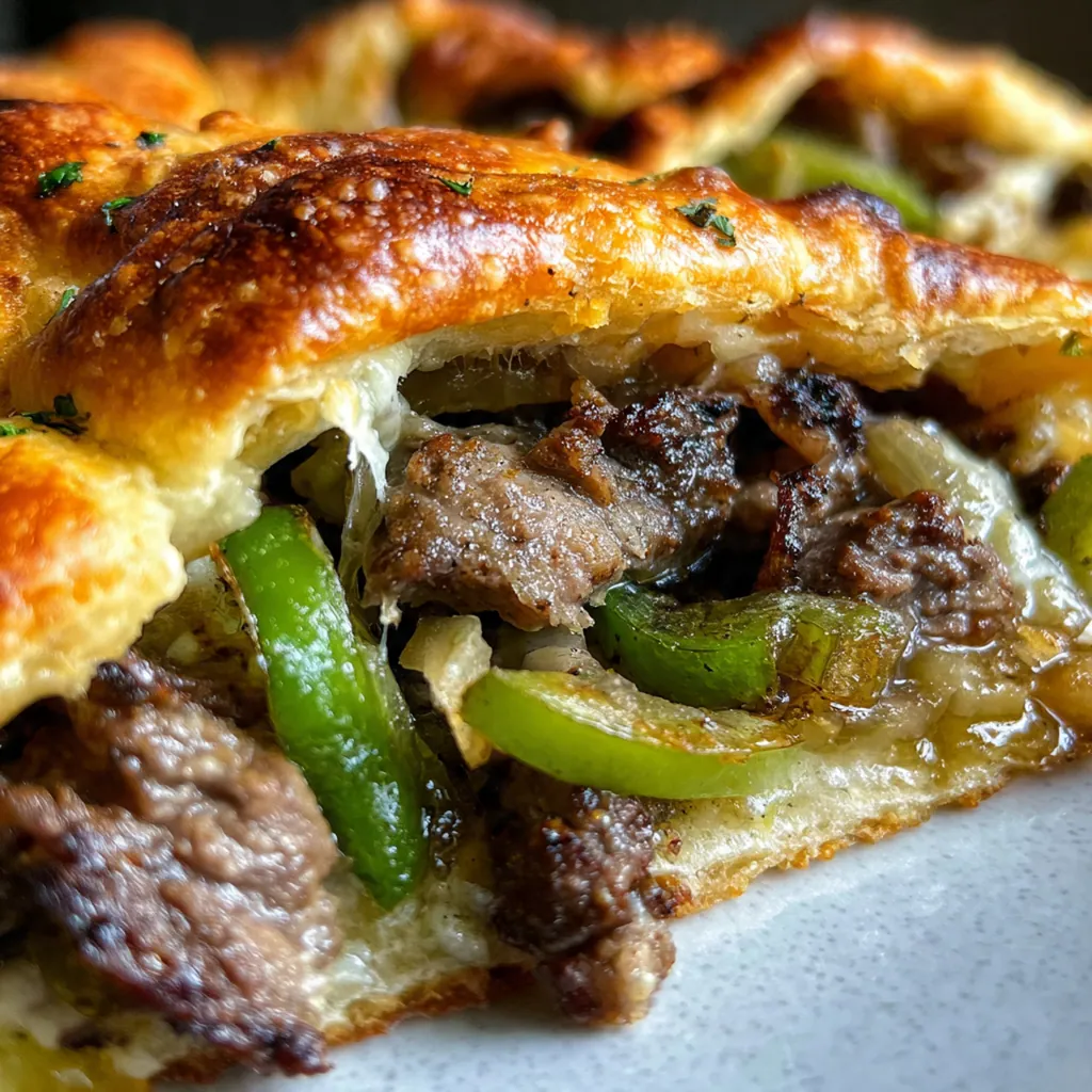 Golden brown Philly Cheese Steak Crescents fresh from the oven on a baking sheet