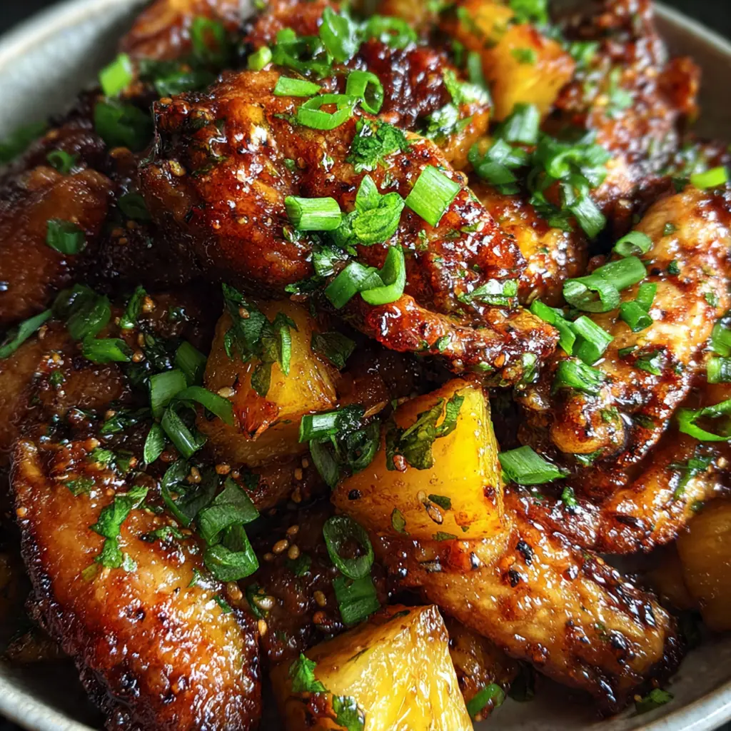 A heaping platter of sticky brown sugar pineapple wings glistening with glossy glaze and garnished with green onions
