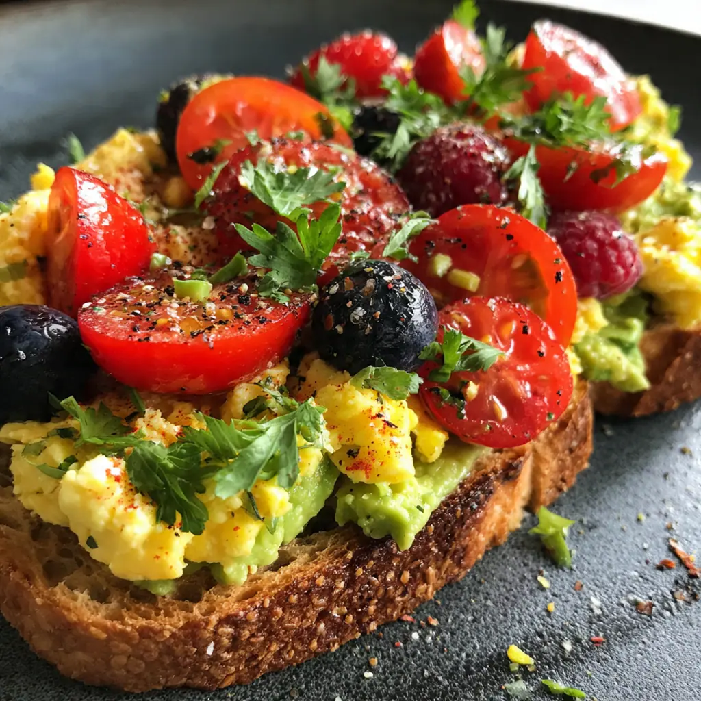 A complete plate of avocado toast topped with fluffy scrambled eggs and a side of colorful fresh berries and banana