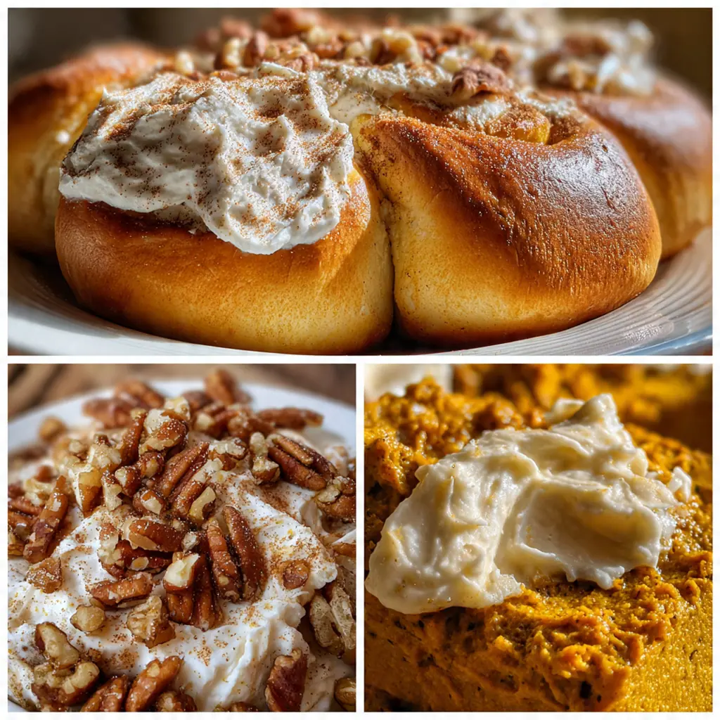 Freshly baked crescent pumpkin pastries with a glossy sugar glaze drizzled over golden flaky dough