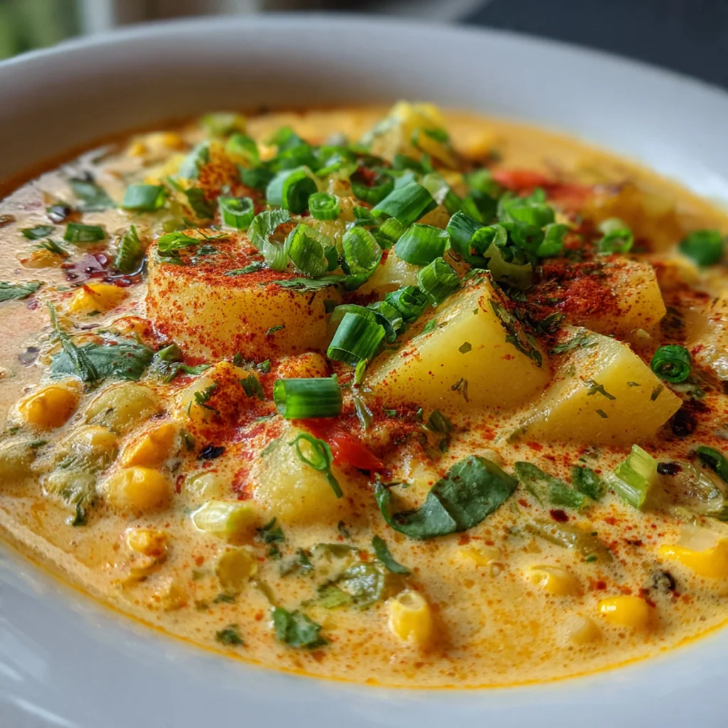 A creamy bowl of vegan corn chowder topped with fresh corn kernels and chopped chives