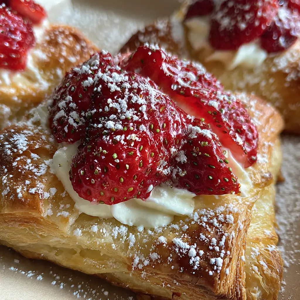 A golden brown strawberry cream cheese danish fresh from the oven with a glossy vanilla drizzle