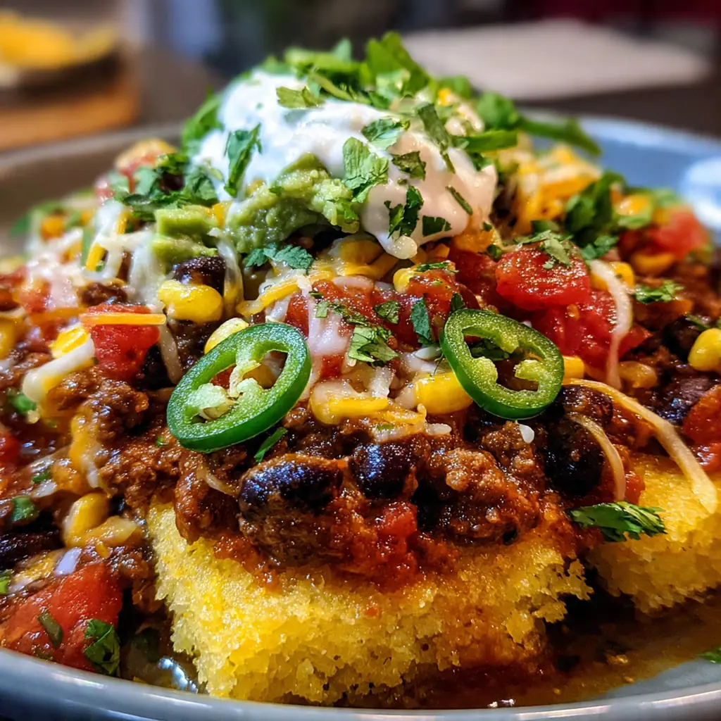 A bubbling Mexican Hot Tamale Pie fresh from the oven with a golden cornbread crust