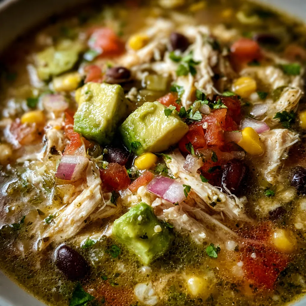 A vibrant pot of green enchilada chicken soup with shredded chicken, white beans, and corn