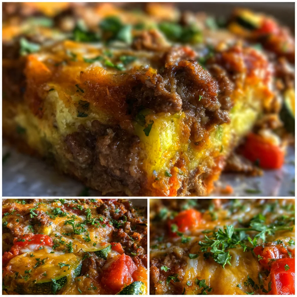 A bubbling ground beef veggie casserole fresh from the oven with a golden cheesy crust