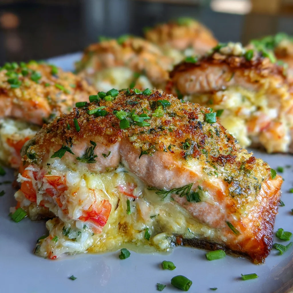 Golden brown crab and shrimp stuffed salmon fillets fresh from the oven on a baking sheet