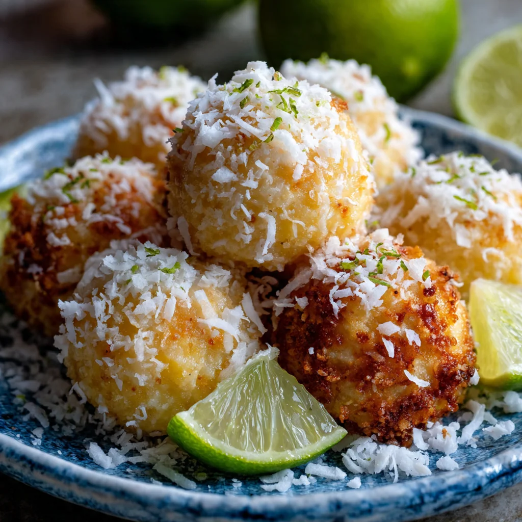 A close-up of tropical pineapple coconut balls rolled in snowy shredded coconut on a platter