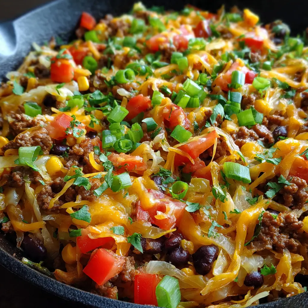 A vibrant skillet of Tex Mex cabbage, black beans, and tomatoes garnished with fresh cilantro and avocado