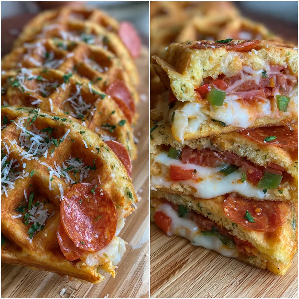 Crispy golden pizza stuffed waffle fresh from the waffle iron with melted cheese peeking out.