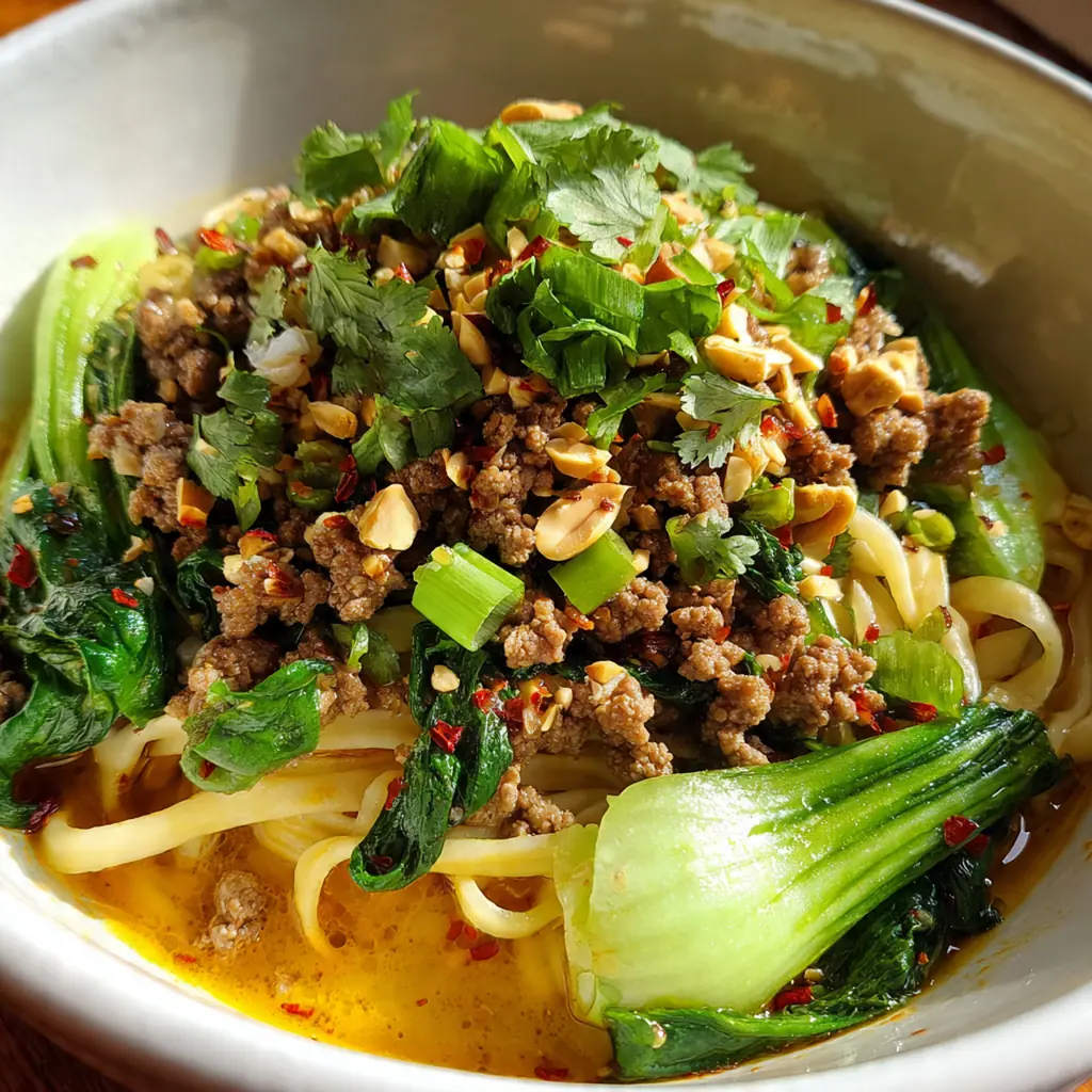 A steaming bowl of dan dan noodles topped with crispy pork, green onions, and crushed peanuts