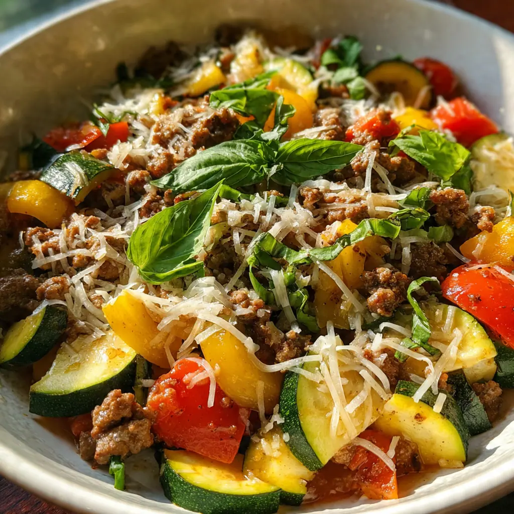 A cast iron skillet filled with savory ground beef, tender zucchini, and rich tomato sauce topped with melted cheese
