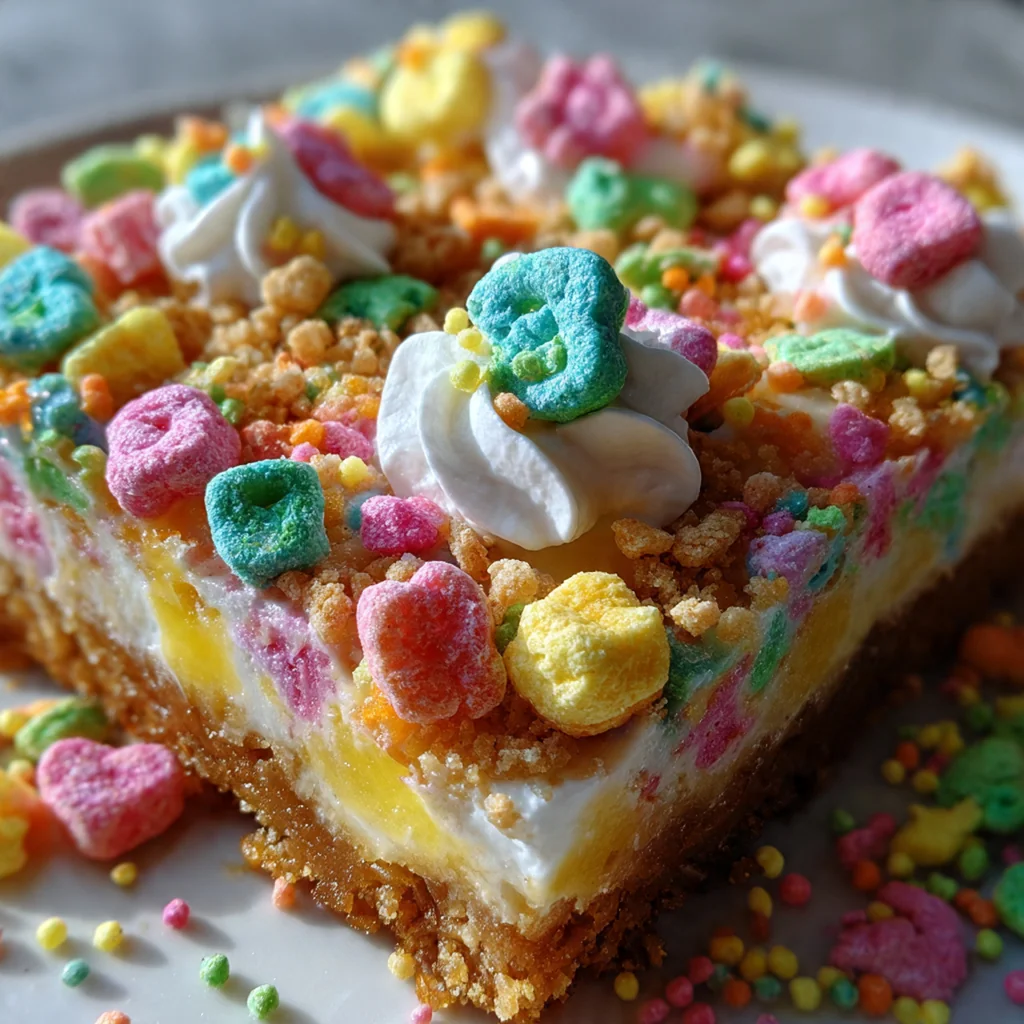 Creamy Lucky Charms cheesecake bars on a white plate with a drizzle of white chocolate