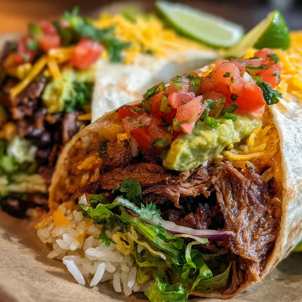 A cross-section view of a tightly wrapped burrito overflowing with tender shredded smoked beef and fillings
