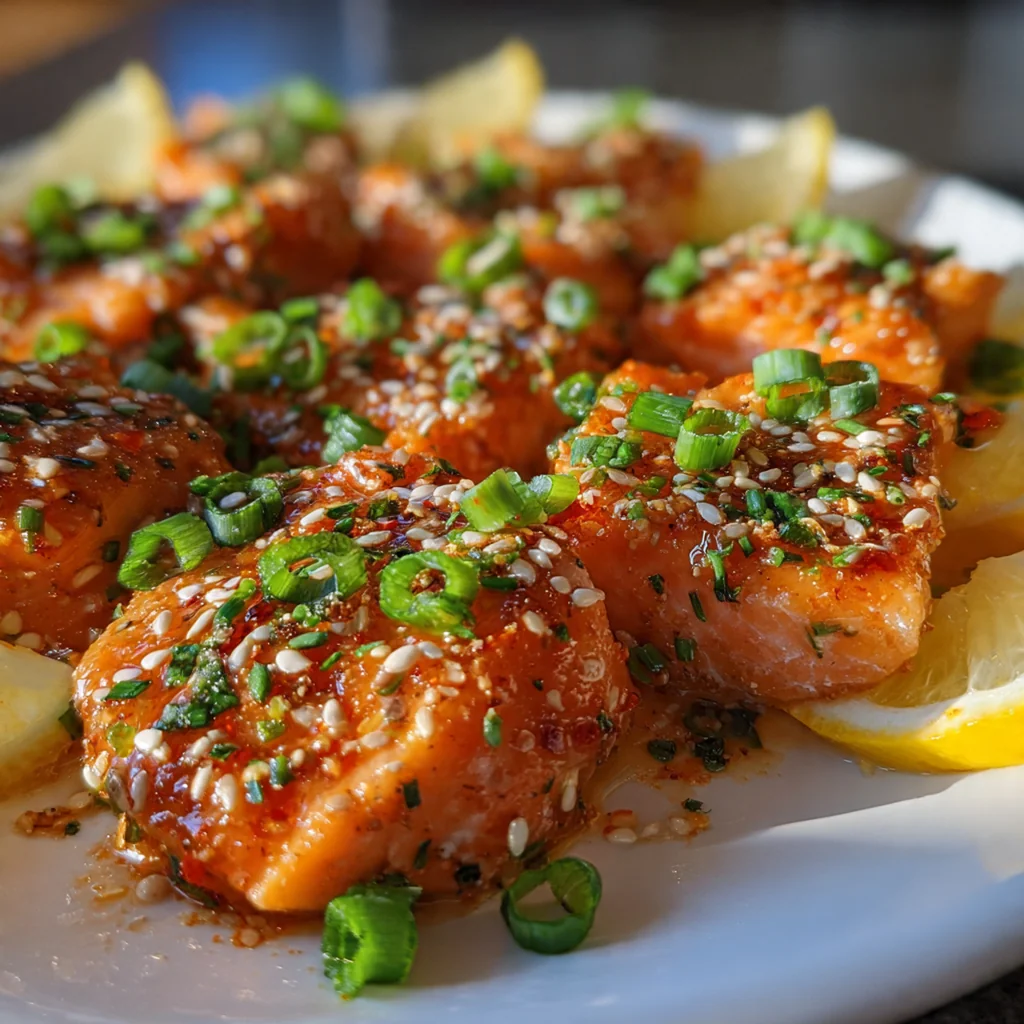 Golden brown honey garlic salmon bites glistening with sticky sauce in a black skillet