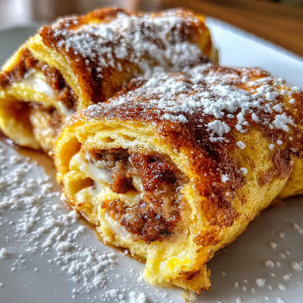 Golden brown Sausage French Toast Rollups arranged on a white plate with a drizzle of maple syrup