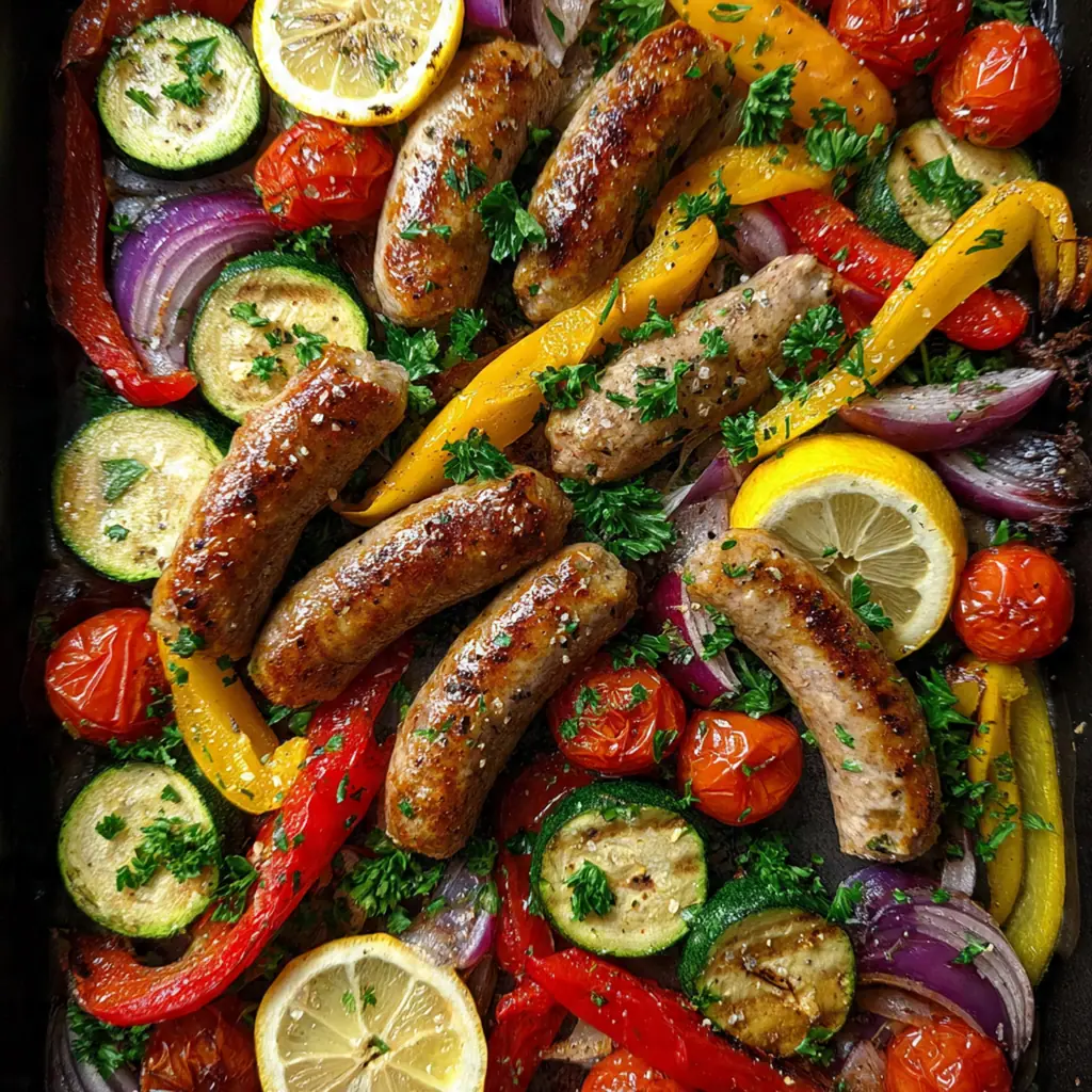 Roasted chicken sausage, sweet potatoes, broccoli, and red peppers on a sheet pan with golden brown edges