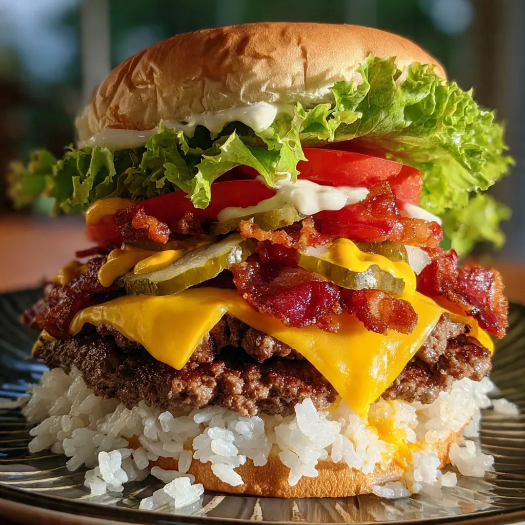 A cross-section view of a bacon cheeseburger rice stack in a bowl showing all the layers
