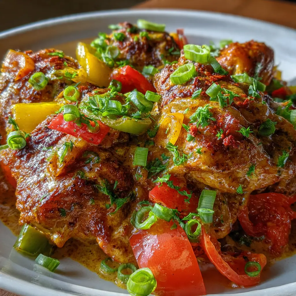 Sizzling skillet of Cajun chicken smothered in melted herbed cowboy butter with diced peppers and onions