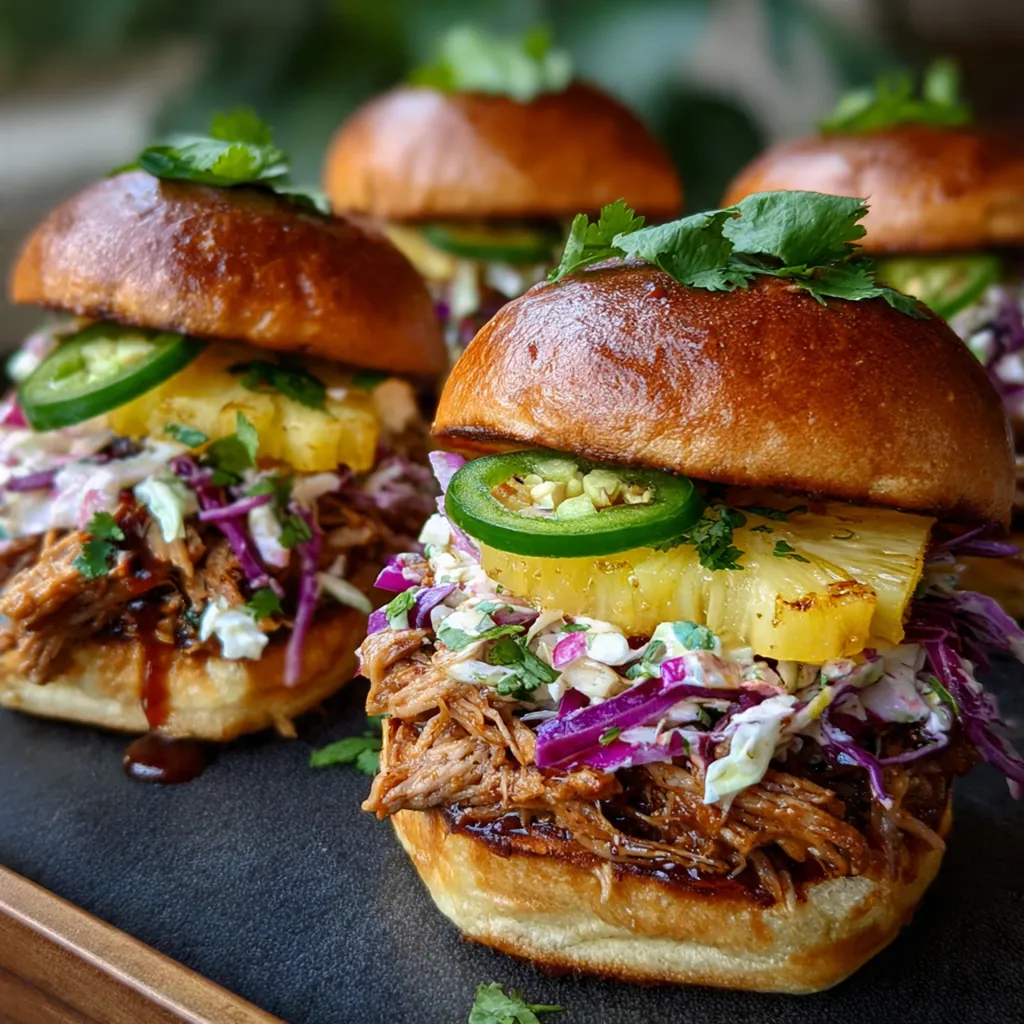 A towering platter of golden Hawaiian sweet roll sliders overflowing with juicy pulled pork