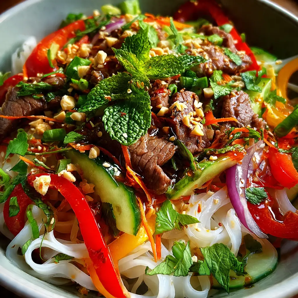 Tender marinated beef slices fanned out over colorful Asian noodles and crisp vegetables