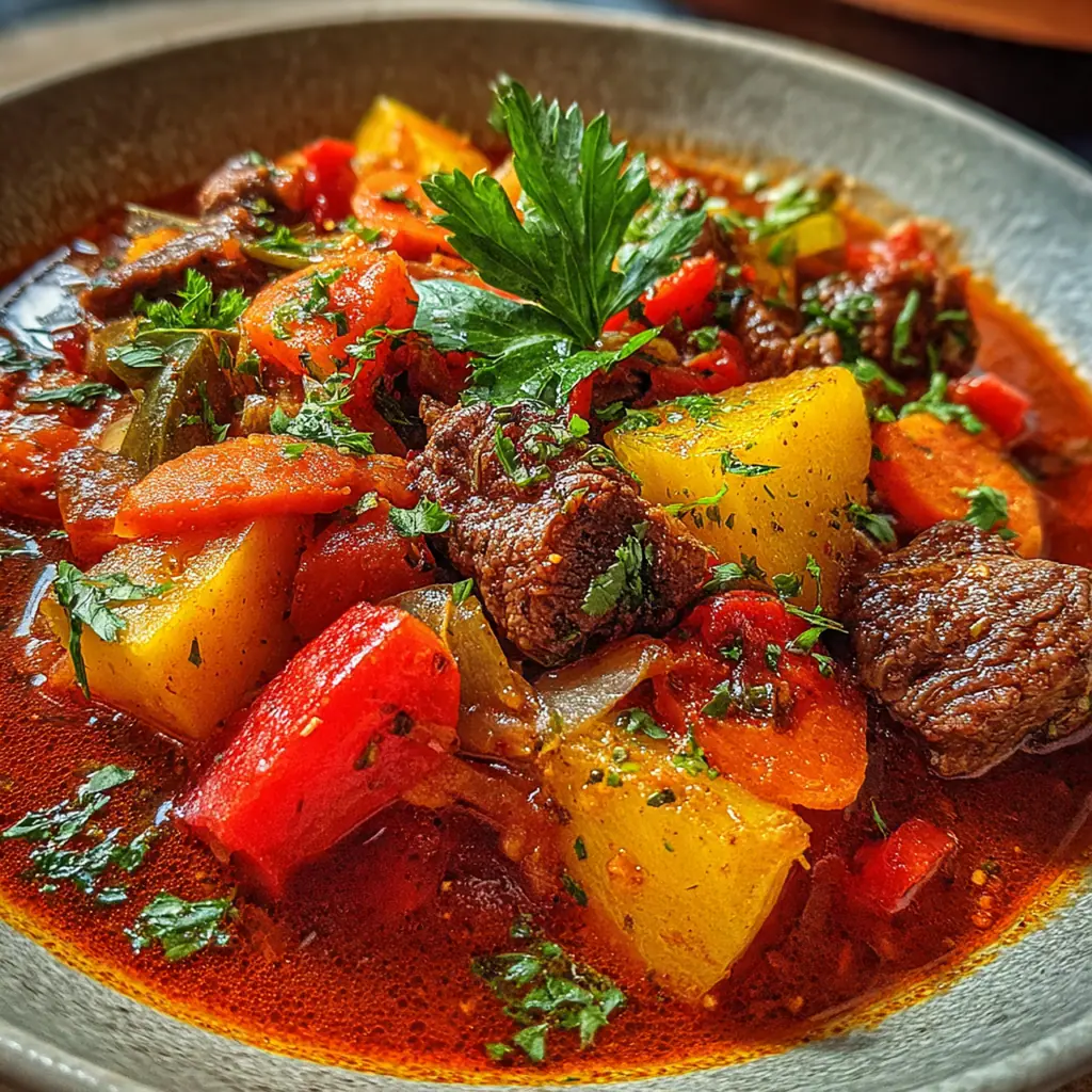 A steaming bowl of old fashioned beef goulash with tender beef cubes and potatoes in a rich paprika broth