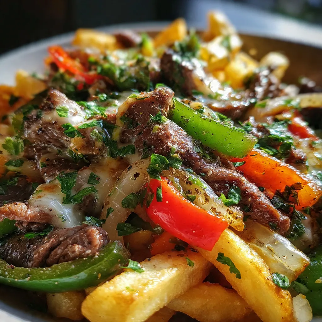 A heaping platter of crispy fries loaded with juicy sliced steak, caramelized onions, and peppers under a river of golden cheese sauce