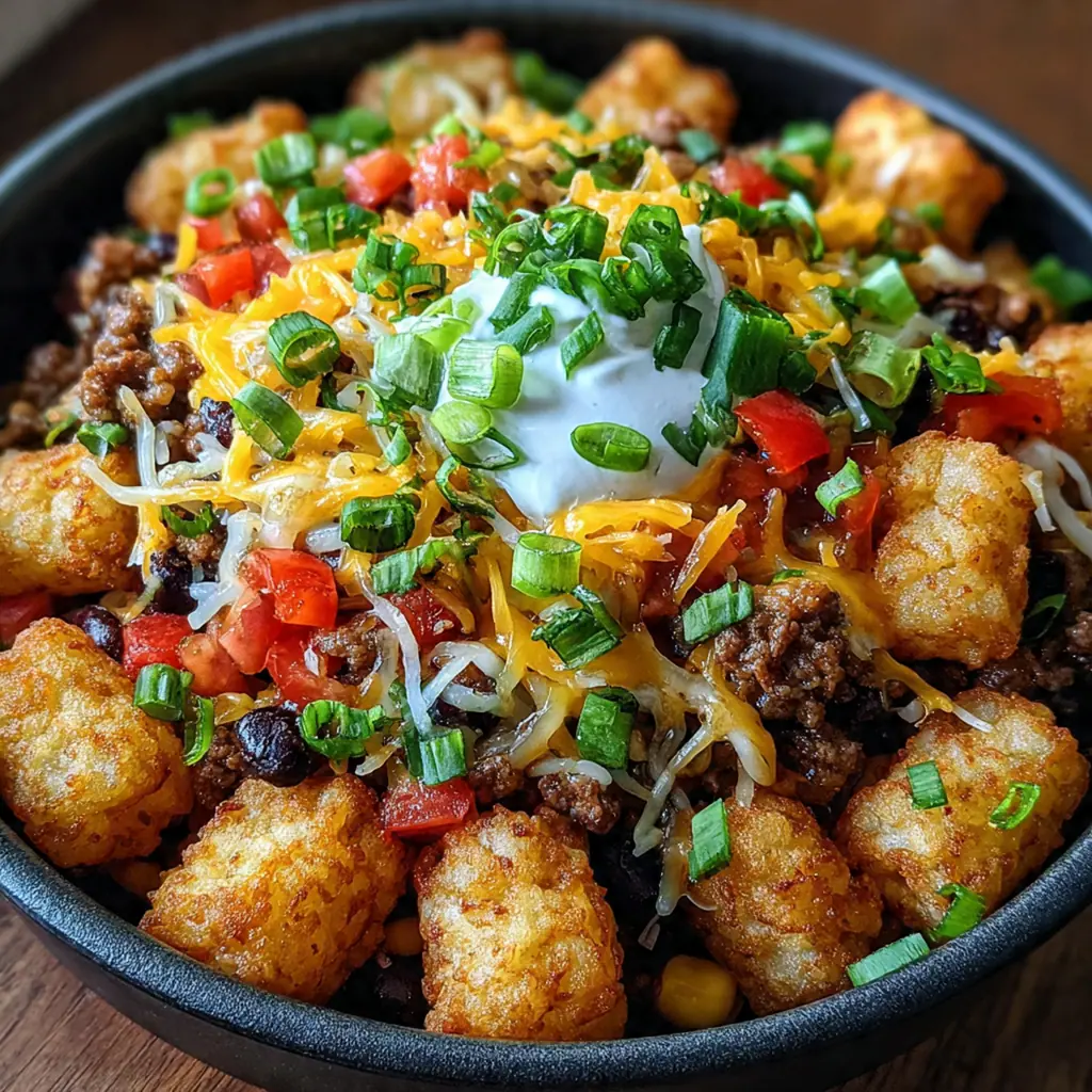 A bubbling Tater Tots Cowboy Bake fresh from the oven with golden crispy tots and melted cheddar cheese