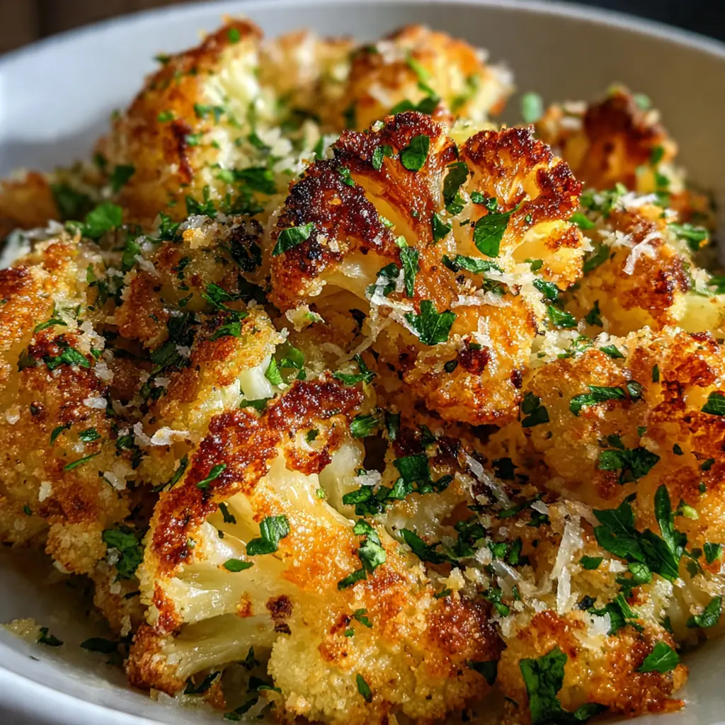 A cast iron skillet filled with golden roasted cauliflower smothered in bubbling cheese sauce