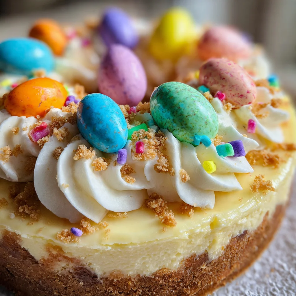 Easter Egg Cheesecake decorated with pastel sprinkles and chocolate chips sitting in an egg carton