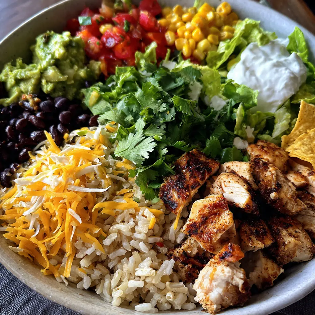 Grilled chicken burrito bowls in white ceramic bowls with colorful toppings arranged artfully
