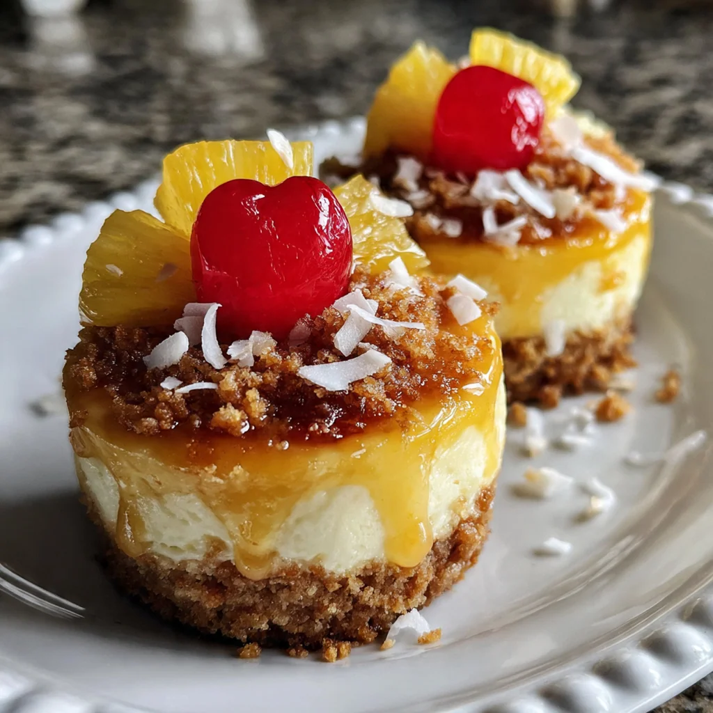 Caramelized pineapple topped mini cheesecakes glistening with golden brown sugar glaze on a white plate