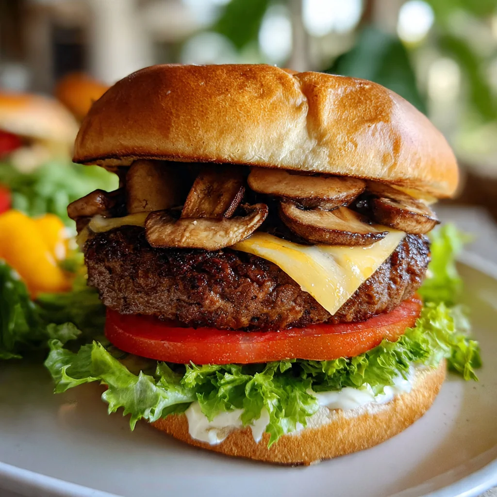 A juicy mushroom Swiss burger on a wooden board with melted cheese and sautéed mushrooms spilling out