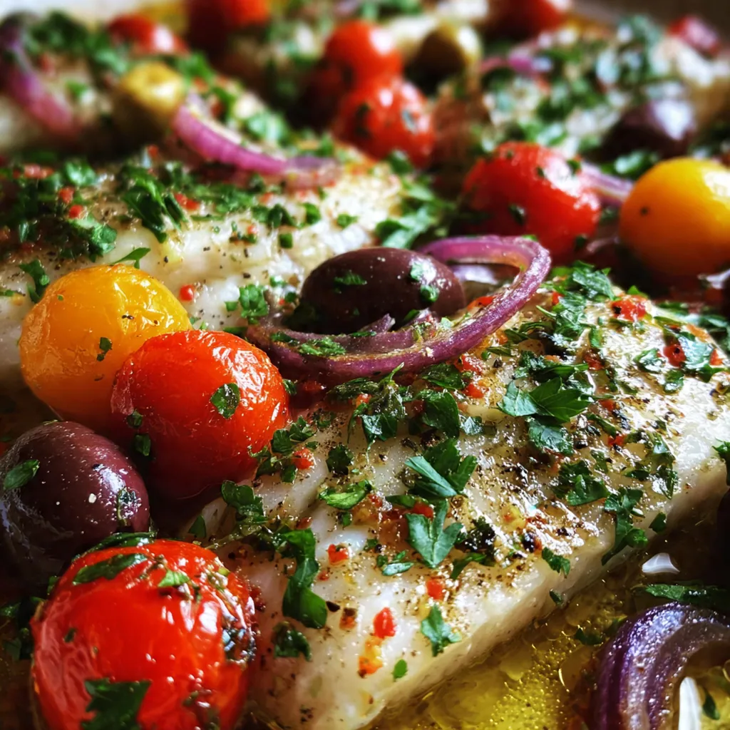 Bubbling Mediterranean baked fish with tomatoes and olives in a rustic baking dish
