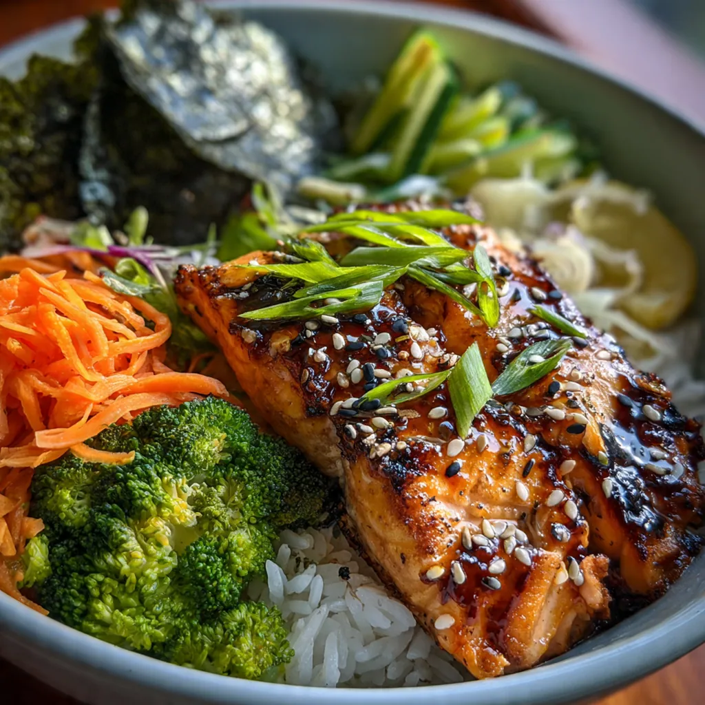 Fresh teriyaki salmon fillets glistening with glossy brown glaze served over fluffy jasmine rice