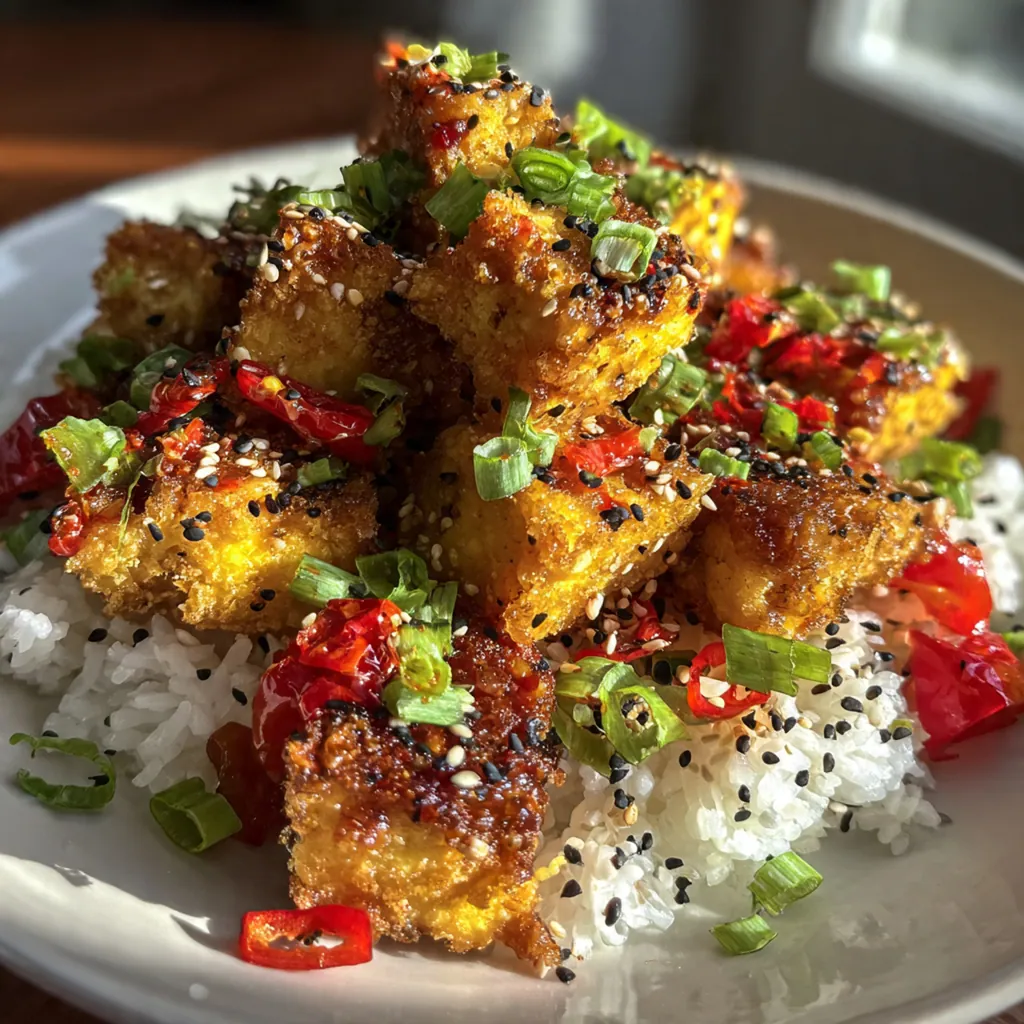 Golden brown crispy air fryer tofu cubes in a white bowl with a sprinkle of fresh green onions